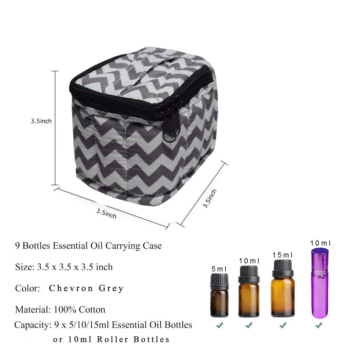 9 Bottles Essential Oil Carrying Case Shockproof Essential Oils Organizer Travel Bag Suitable for 5ml,10ml,15ml Bottles or 10ml Roller Bottles with Portable Handle and Double Zipper (Chevron Grey) Chevron Grey