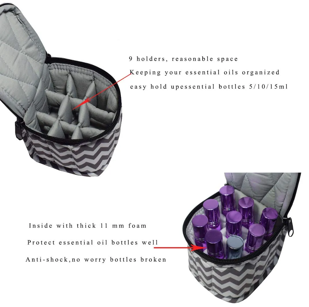 9 Bottles Essential Oil Carrying Case Shockproof Essential Oils Organizer Travel Bag Suitable for 5ml,10ml,15ml Bottles or 10ml Roller Bottles with Portable Handle and Double Zipper (Chevron Grey) Chevron Grey