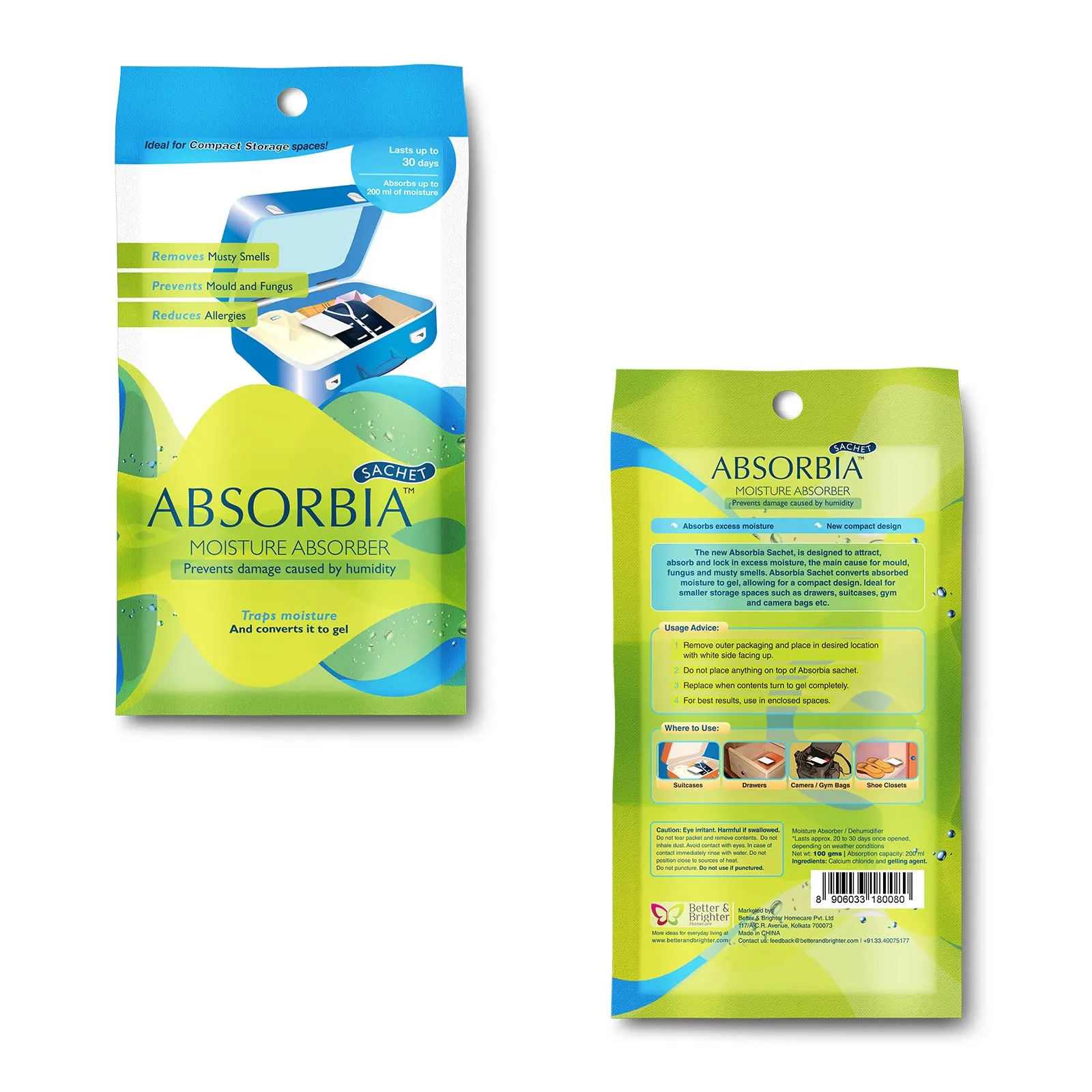 Absorbia Moisture Absorber | Absorbia Sachet - Season Pack of 6 X 10 (200ml Each) | Dehumidier for Bags, Suitcases & Drawers | Fights Against Moisture, Mould, Fungus & Musty smells
