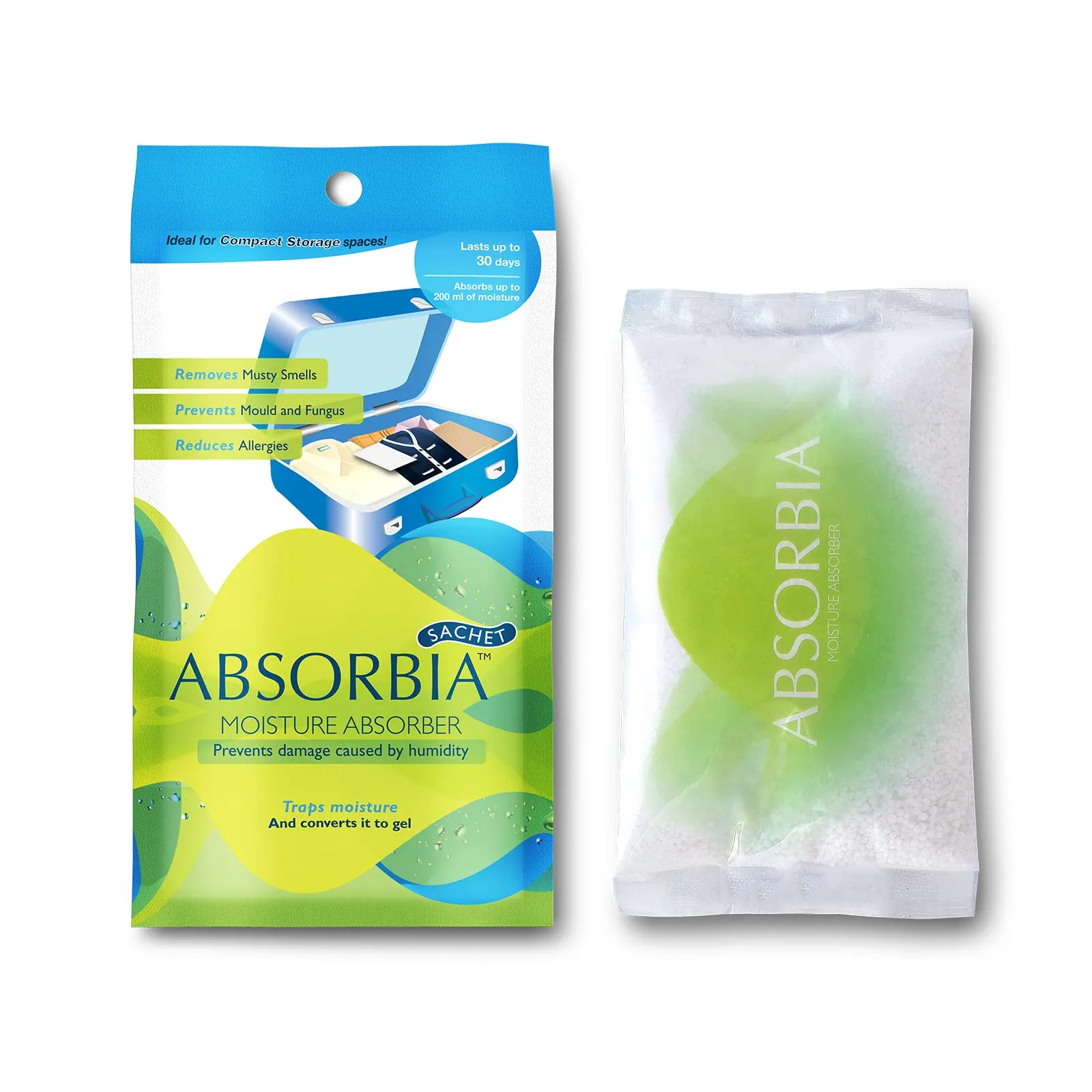 Absorbia Moisture Absorber | Absorbia Sachet - Season Pack of 6 X 10 (200ml Each) | Dehumidier for Bags, Suitcases & Drawers | Fights Against Moisture, Mould, Fungus & Musty smells