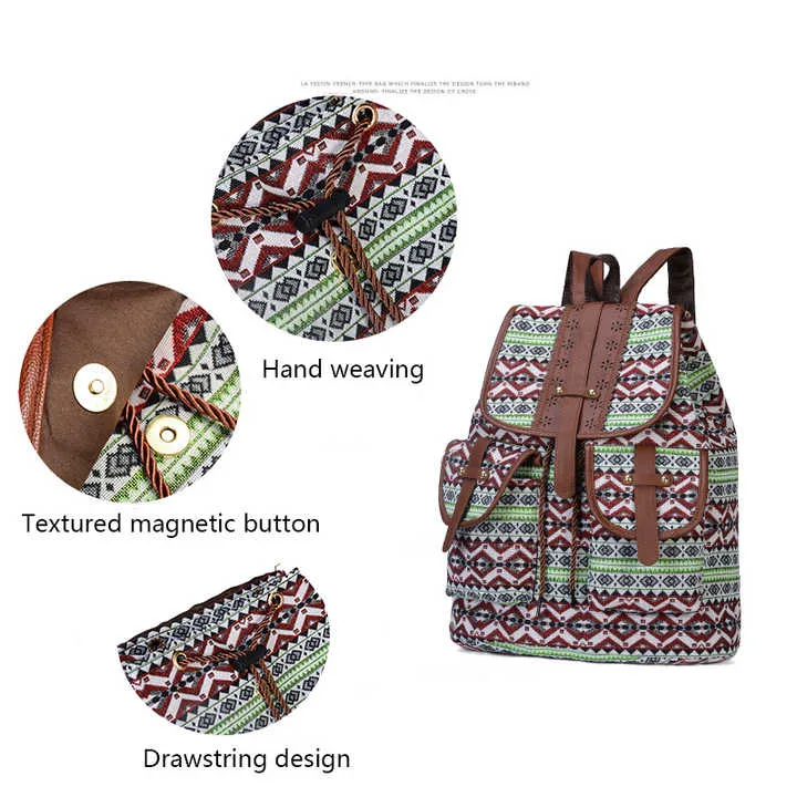 Diamond Pattern Bohemian Style Canvas Backpack - Vintage Tribal Pattern Travel Bag with Leather Straps