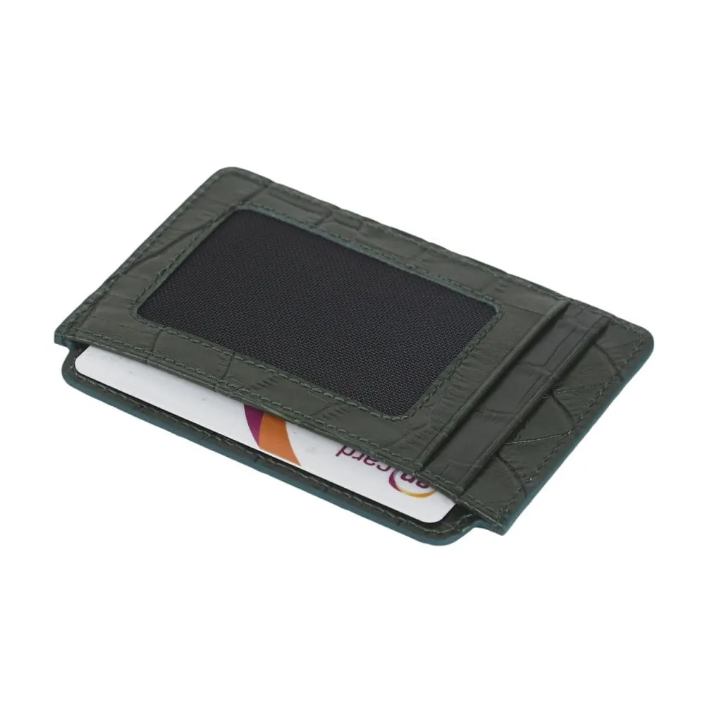 Flat Credit Card Case With ID Window - Green Croc