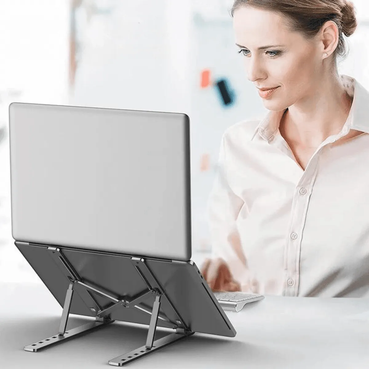 Laptop Stand, Adjustable Height, Durable Aluminum, Anti-Slip, Portable, Enhanced Airflow, Perfect for Various Workspaces